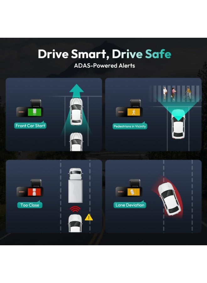 بوتسلاب كاميرا أمامية وخلفية مزدوجة من BOTSLAB بدقة 4K+2K، مزودة بتحكم صوتي، ونظام STARVIS، وتنبيهات نظام مساعدة السائق المتقدم (ADAS)، ورؤية ليلية فائقة الوضوح، ومراقبة ركن السيارة على مدار الساعة، وواي فاي 5.8 جيجاهرتز ونظام تحديد المواقع العالمي (GPS)، وبطاقة ذاكرة 64 جيجابايت مجانية، وتسجيل متواصل - Image 3